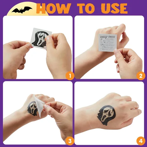 Vista 7 de JOYIN 144 tatuajes temporales brillantes de Halloween, 12 diseños luminosos de Halloween, calabaza, fantasma, calcomanías de tatuaje para niños