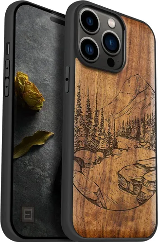 Vista 12 de Carveit Funda magnética de madera para iPhone 14 Pro Max [madera natural y TPU suave negro] Funda protectora de madera única y elegante a prueba