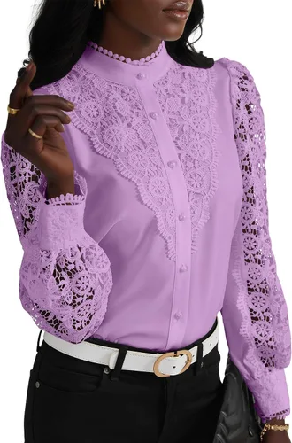 Vista 7 de Rooscier Blusa Elegante de Encaje de Crochet con Cuello Alto Simulado de Manga Larga con Botones para Mujer Top