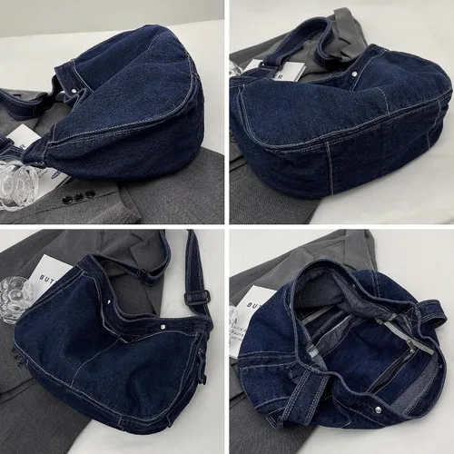 Vista 5 de Bolso bandolera de mezclilla, bolso cruzado grande tipo hobo, bolso de hombro casual, bolso de mano de jean para mujeres y hombres
