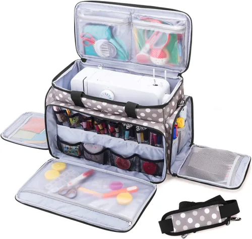 Vista 2 de LUXJA Bolsa de transporte para máquina de coser con cubierta para máquina de coser, puntos grises