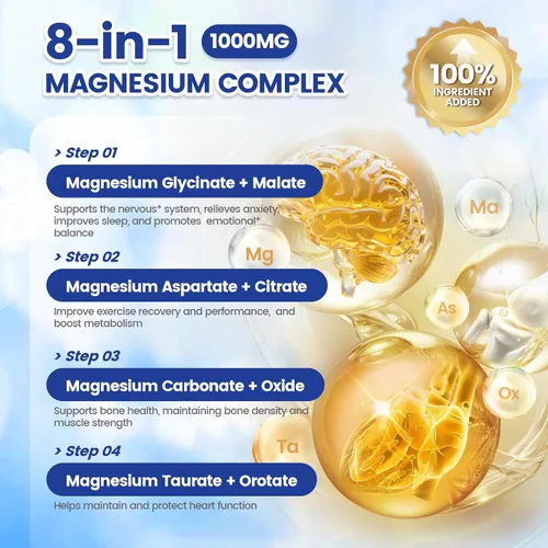 Vista 3 de Cápsulas complejas de magnesio de 1000 mg, glicinato de magnesio 8 en 1, citrato, malato, taurato, óxido, carbonato, aspartato, orrotato - 240