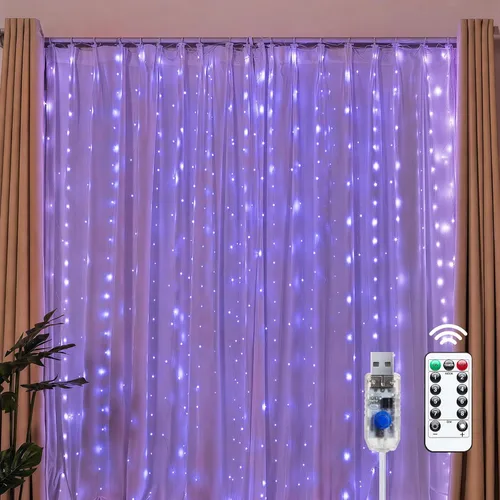 Vista 17 de Brightown 300 luces LED de cortina de hadas, 9.8 pies x 9.8 pies, enchufe USB, 8 modos de iluminación, tira de luces LED de Navidad colgantes
