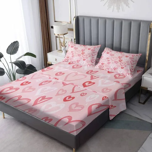 Vista 8 de H3-185 - Juego de sábanas de oveja tamaño Queen, diseño de corazón rosa, sábanas y fundas de almohada, 4 piezas, sábana bajera ajustable de Estilo A