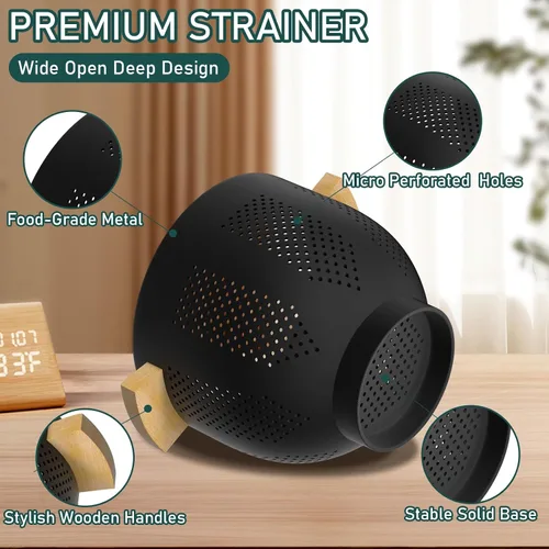 Vista 3 de Colador de metal con mango de madera de bambú, colador grande de 6 cuartos de galón con base autodrenante, cuenco colador de cocina para pasta