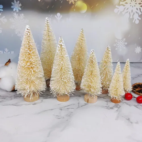 Vista 2 de 24 piezas de árboles de cepillo para botellas, decoración de Navidad, mini árbol de Navidad blanco con base de madera, árbol de pino de sisal