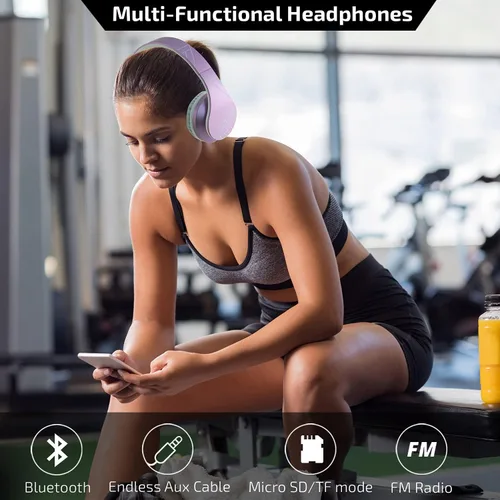 Vista 5 de PowerLocus Auriculares Bluetooth sobre la oreja, auriculares inalámbricos con micrófono, auriculares plegables, orejeras de espuma viscoelástica