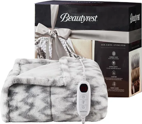 Vista 8 de Beautyrest Manta eléctrica de piel sintética cepillada larga con diseño texturizado Ogee, apagado automático, prácticamente cero EMF, configuración