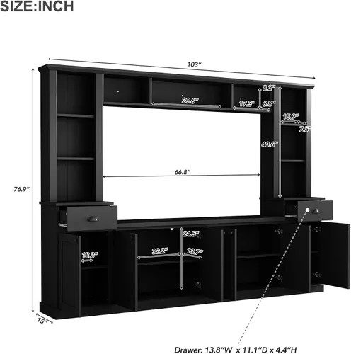 Vista 6 de Merax Minimalist 103" Entertainment Wall Unit Set with Overhead Bridge for TVs Up to 75", Modern Large Media Console with Adjustable Shelves, Ample