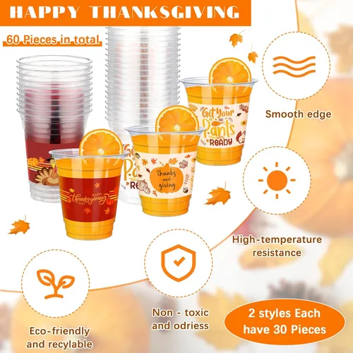 Vista 5 de Uiifan 60 Piezas Vasos Desechables de Acción de Gracias de 12 onzas Vasos de Plástico a Granel Vasos Transparentes de Pavo Calabaza de Otoño Vasos