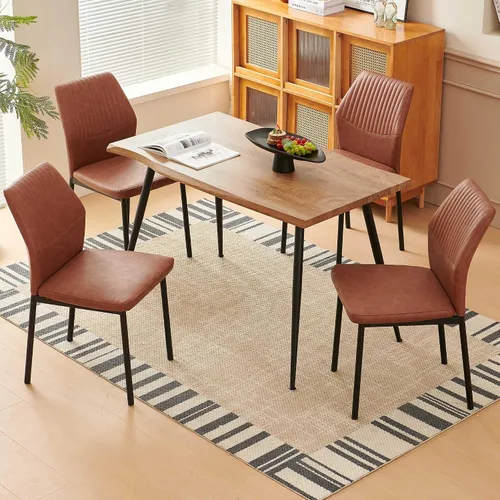 Vista 2 de Juego de mesa de comedor para 4, mesa de comedor rectangular irregular de madera moderna, sillas de comedor de cuero, 4 mesas y sillas, juego de 4