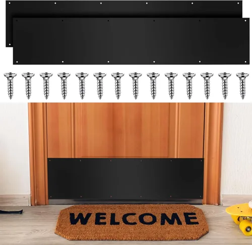 Vista 9 de Dunzy Placa protectora inferior de puerta con tornillos negros de grosor de aluminio satinado, placa de empuje de puerta de metal pulido