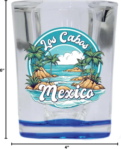 Vista 3 de Los Cabos Mexico Design A Souvenir - Vaso de chupito cuadrado de 2.5 onzas, base azul, paquete de 2