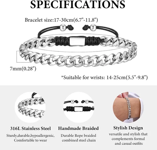 Vista 7 de Pulsera de eslabones trenzados de cuerda y cadena para hombre: hecha a mano para hombre, de acero inoxidable, metal, no se deslustra, impermeable