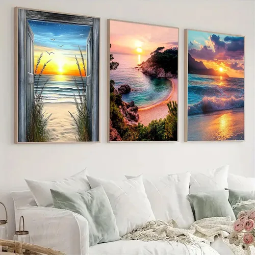 Vista 7 de Paquete de 6 kits de pintura de diamantes para adultos principiantes, juegos de arte de diamantes de playa 5D, pintura de amanecer redonda completa