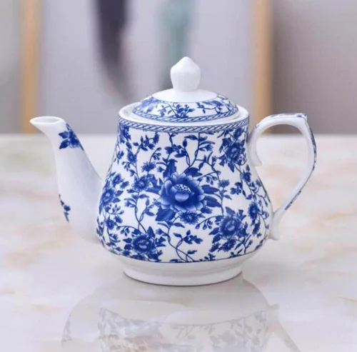 Vista 2 de Tetera, tetera de cerámica, tetera azul y blanca, tetera de té, 25 onzas
