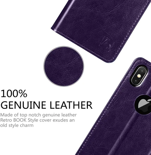 Vista 2 de Belemay Funda tipo cartera compatible con iPhone X, compatible con iPhone 10, piel de vaca genuina con tapa [bloqueo RFID], tarjetero, funda