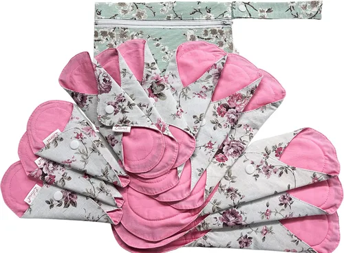 Vista 7 de Lilind Paquete de 12 almohadillas de tela orgánica en flores vintage con bolsa húmeda, juego de iniciación jumbo, servilletas sanitarias menstruales
