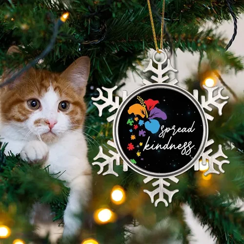 Vista 4 de Adornos para árbol de Navidad – Difunde flores para autismo y decoraciones navideñas de copo de nieve – Recuerdo de metal para el nuevo hogar