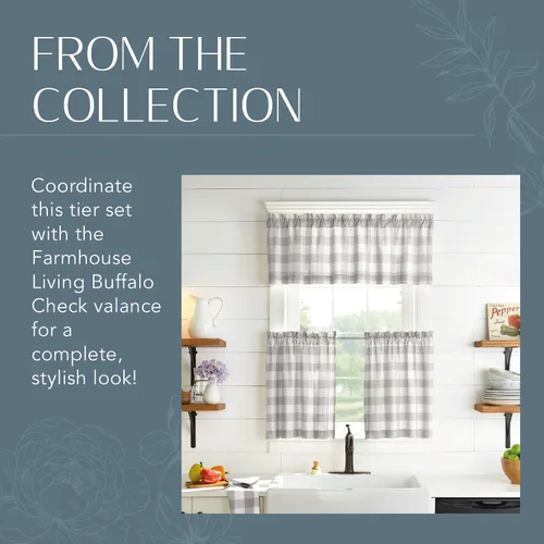 Vista 5 de Elrene Home Fashions Farmhouse Living Buffalo-Check Juego de cortinas de dos niveles para baño o cocina, 30" x 24" (Juego de 2 niveles), Gris/Blanco