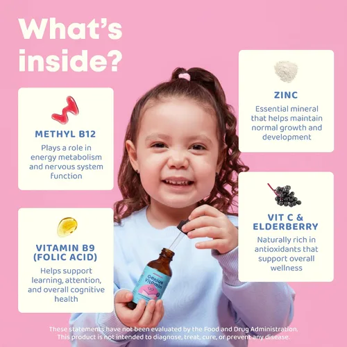 Vista 5 de JoySpring Kids B Complex Gotas líquidas de complejo de vitamina B con saúco, zinc y vitamina C Apoyo para el bienestar general (1 fl oz), 30