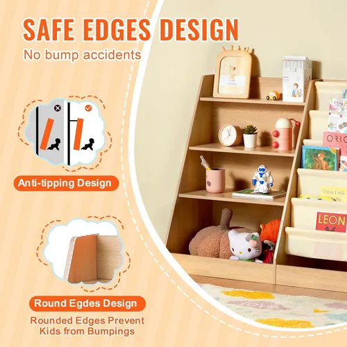 Vista 6 de VEVOR Estantería de madera para niños de 4 niveles, organizador de almacenamiento de juguetes para niños pequeños, estante de libros