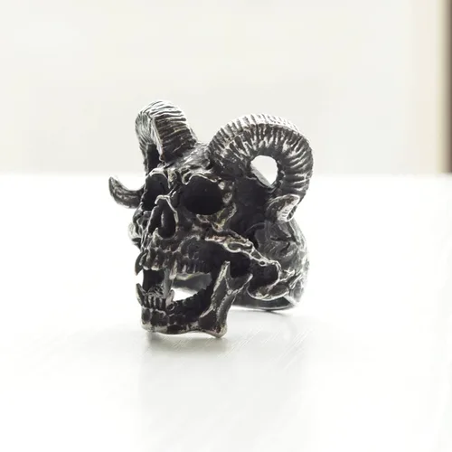Vista 6 de ZMY Home Demon Head Skull Ring Big Horned Stainless Steel Biker Jewelry Ring Men