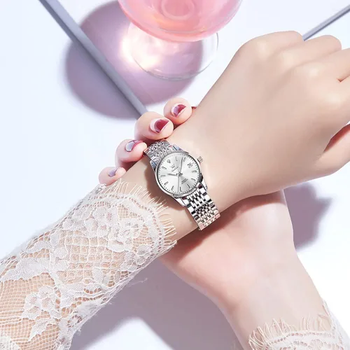 Vista 3 de OLEVS Relojes automáticos para mujer de acero inoxidable con diamantes mecánicos luminosos impermeables para mujer