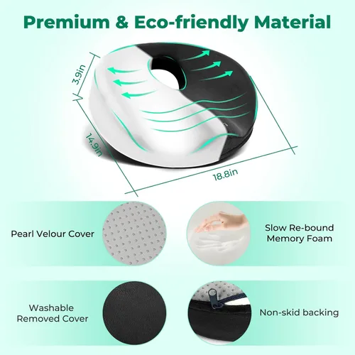 Vista 2 de SAHEYER Almohada de dona para el dolor de coxis, almohada de espuma viscoelástica para hemorroides para nervio ciático, cojín de asiento de ciática