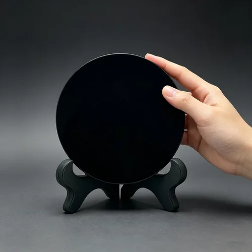 Vista 4 de Espejo de adivinación de obsidiana negra, espejo de obsidiana con soporte y bolsa para adivinación, meditación, curación, Feng Shui (100mm (4.0in))