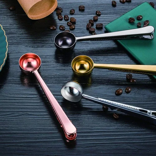 Vista 4 de Cuchara de café con clip de cucharada de acero inoxidable Cuchara de café con mango largo multifunción Bolsa de sellado Clip para té, café, proteína