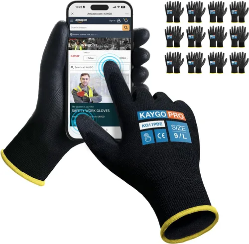 Vista 39 de KAYGO KG11PB - Guantes de trabajo de seguridad con revestimiento de poliuretano, 12 pares de guantes de punto sin costuras para hombres y mujeres