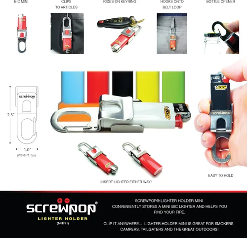Vista 2 de Screwpop Bic MINI - Llavero con soporte para encendedor con mosquetón y abrebotellas, construcción de acero inoxidable (encendedor no incluido)