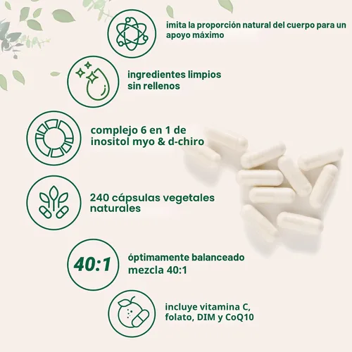 Vista 3 de Myo-inositol y D-Chiro Inositol 2,050 mg 240 cápsulas vegetales + vitamina C, folato, DIM y CoQ10 Suplemento de inositol para mujeres