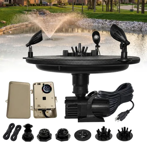 Vista 12 de Fuente flotante y aireador de 1/2 HP para estanques y lagos con cable de 100 pies 6,100 GPH, 9 spray patterns, Color-changing LED lights
