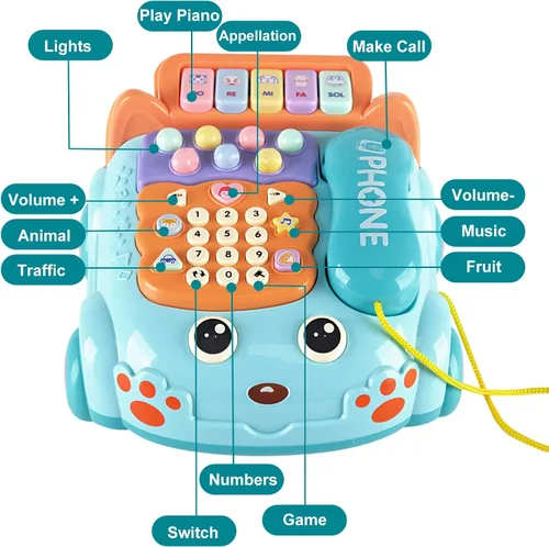 Vista 3 de Teléfono de juguete para bebés de dibujos animados Baby Piano Music Light Toy Juguete de regalo para niño y niña, regalo de educación temprana, azul