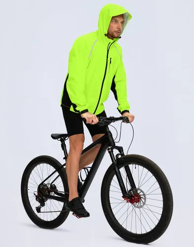 Vista 7 de Bikewa - Chaqueta de lluvia para hombre, impermeable, para ciclismo, con capucha, ligera, plegable, cortavientos para bicicleta, chaqueta de running