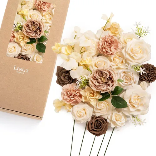 Vista 14 de Ling's moment Caja de Flores Falsas, Tallos de Vegetación Artificial Falsa Rosas de Espuma Dalia Hortensia de Seda Peonía Flor de Tela para Centros