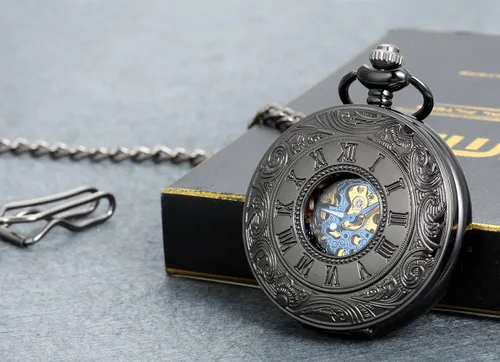 Vista 2 de lancardo clásico Carve Patrones Hollow esqueleto reloj de bolsillo con oro y azul Tono movimiento (2pcs)