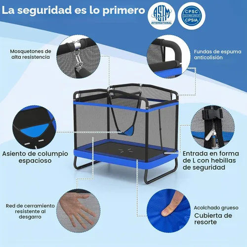 Vista 6 de GYMAX Cama Elástica para Niños, de 70” para Niños Pequeños con Columpio Desmontable, Barra Horizontal y Red de Protección Completa, Cama Elástica