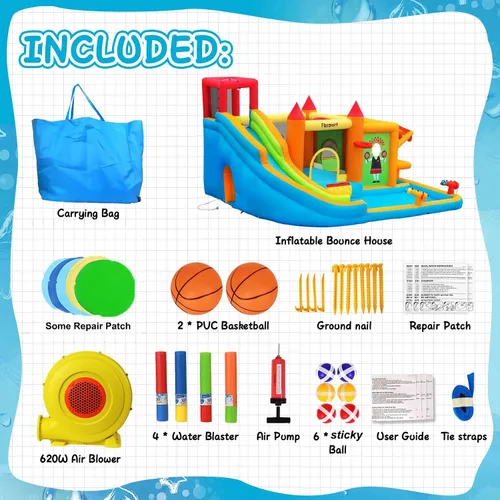 Vista 9 de FBSPORT - Casa inflable de rebote con tobogán acuático, casa de rebote para niños con soporte de juguete, piscina de salpicaduras, pared de Naranja