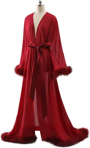 Vista 3 de Molisa Bata de plumas sexy de gasa transparente de lencería larga para boda, bufanda de ilusión, bata de baño, bata de novia