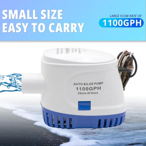 Vista 2 de Bomba de agua automática de 1100 GPH, bomba de sentina de 12 V, equipada con interruptor flotante interno, adecuada para submarinos, charcos