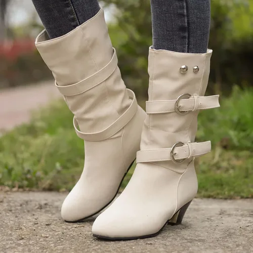 Vista 2 de SuanlaTDS Tall Wide Calf Boots for Women Heel Mid Round Boots Heel Cowboy Toe Vintage Velvet Shoes Buckle Women's Plus Women's Boots (Beige, 8)