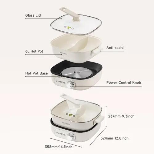 Vista 6 de Joydeem - Olla caliente eléctrica con divisor, olla doble sabor Shabu Shabu de 6L/6.3 qt, UL listada y protección contra hervido en seco, adecuada