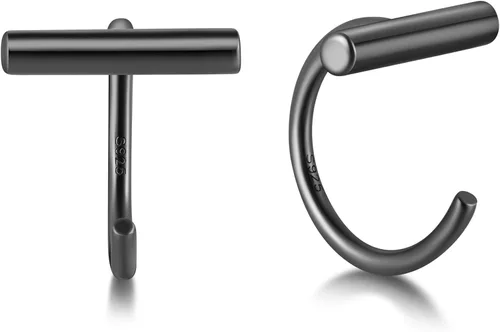 Vista 35 de CHIC & ARTSY Aretes de medio aro de plata de ley 925 para mujer, juego de aros pequeños con barra de bola, estrella, luna y perla, ligeros, ajuste
