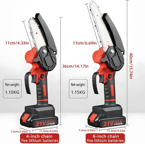 Vista 6 de Mini motosierra eléctrica portátil de 4 pulgadas y 6 pulgadas inalámbrica con 2 cadenas, 2 baterías, tijeras de podar de mano para ramas de árboles
