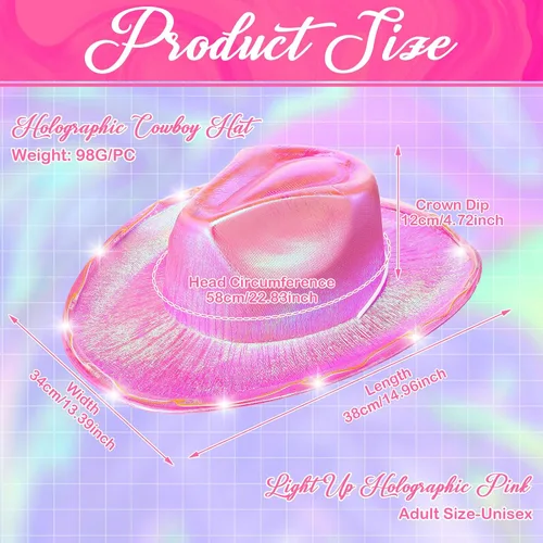 Vista 3 de Geyoga 6 piezas de sombrero de vaquero holográfico rosa para mujer, sombrero metálico para rave, sombrero de vaquero brillante, accesorios de fiesta