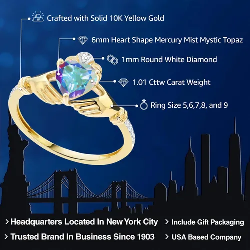 Vista 60 de Gem Stone King Anillo de compromiso claddagh celta irlandés de oro amarillo de 10 quilates con piedra preciosa en forma de corazón de 0.236 in