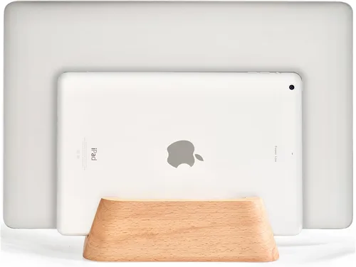 Vista 7 de ACODE Soporte vertical de madera para computadora portátil para escritorio, compatible con MacBook Pro Air, superficies, ranura de almacenamiento